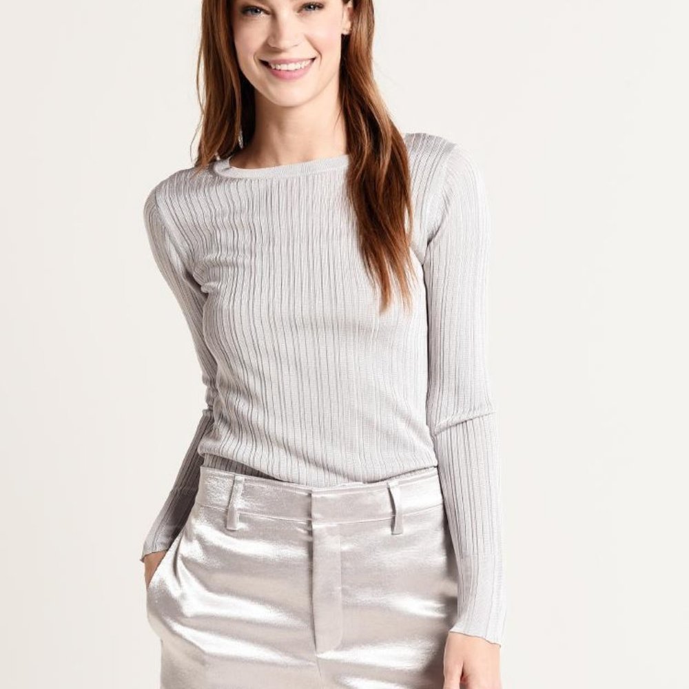 VINCE Slinky Ribbed Crew Sweater in Silver NWT!!!